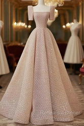 Sparkle A Line Square Neckline Sequin Pink Long Semi Formal Prom Dress